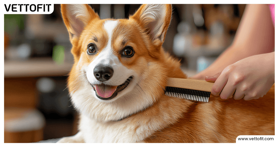 Smiling Corgi being groomed with flea comb for tick removal and coat health maintenance
