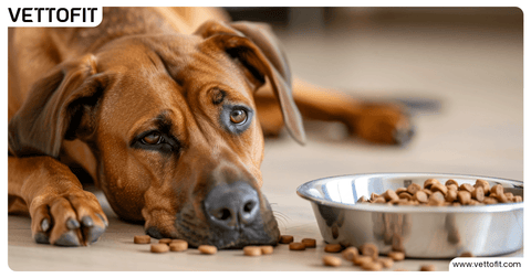 A sad brown dog lying beside a full bowl of kibble, refusing to eat, representing loss of appetite or disinterest in regular dog food