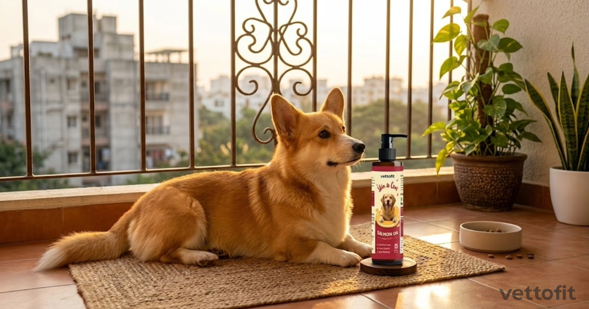 A healthy dog with a shiny coat sitting beside a bottle of Vettofit Wild-Caught Alaskan Salmon Oil on a sunlit Indian apartment balcony — salmon oil for dogs in India