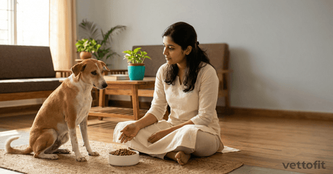 Worried Indian pet parent sitting beside their dog who is ignoring bowl of food on the floor of a bright Indian apartment