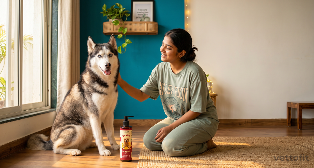 Indian pet parent sitting with her Husky at home, with Vettofit Wild-Caught Alaskan Salmon Oil for dog skin and coat health
