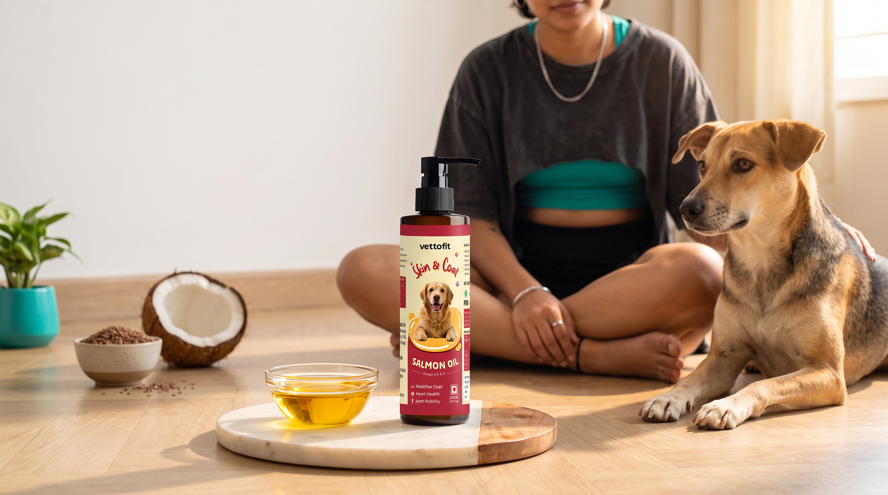 Vettofit vet guide comparing EPA DHA salmon oil with coconut oil and flaxseed for dog omega-3 needs — India