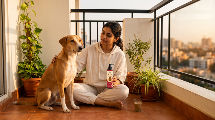 Healthy Indie dog with a glossy short coat at an Indian home