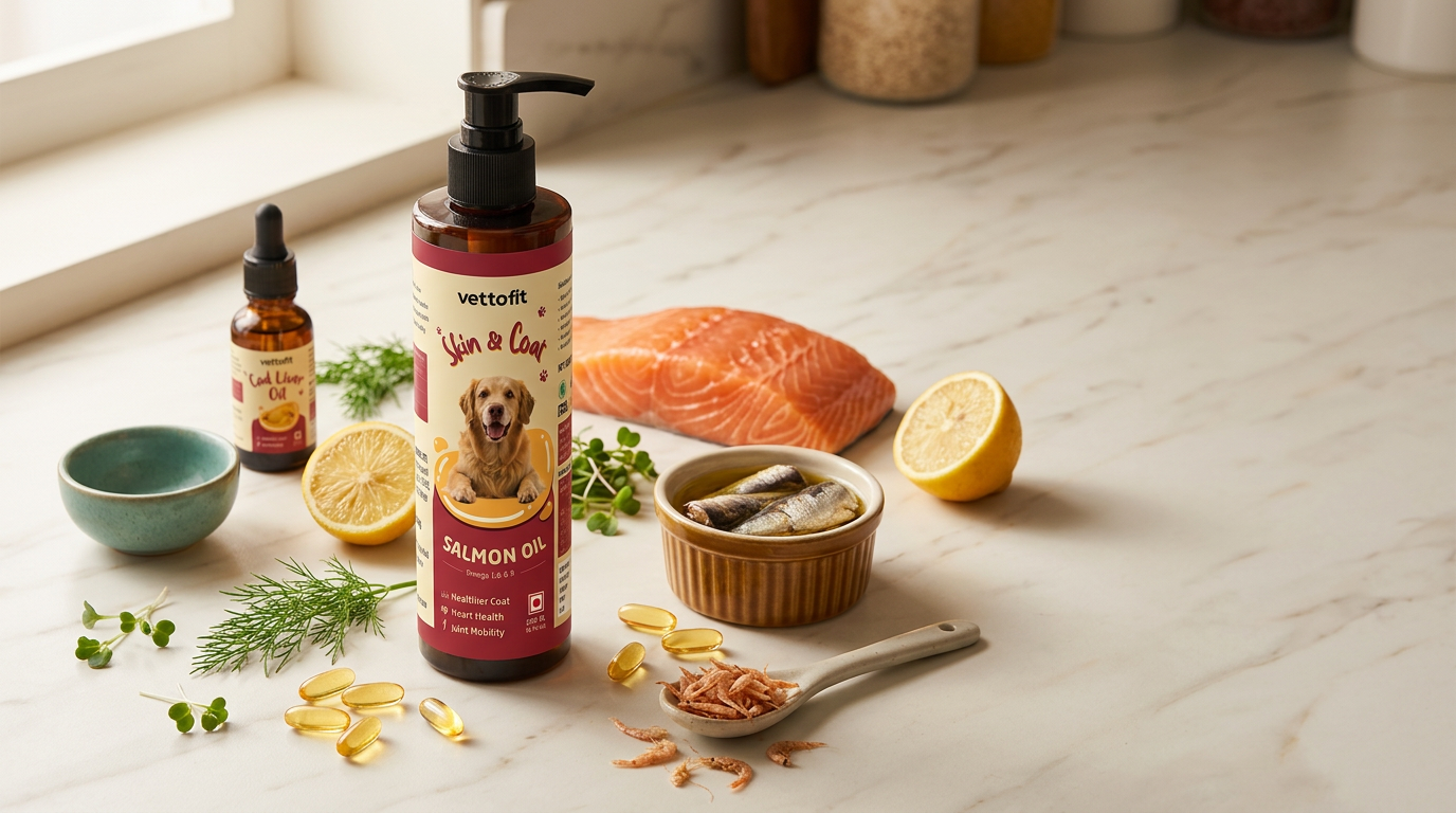 Vettofit vet guide comparing salmon, sardine, cod liver and krill oil for dogs — best omega-3 fish oil for skin, coat and joint health in India