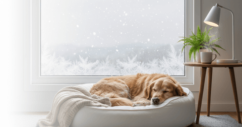 Adult dog in a cozy winter sweater resting on a warm bed indoors looking relaxed and healthy for Vettofit winter care for dogs blog hero image
