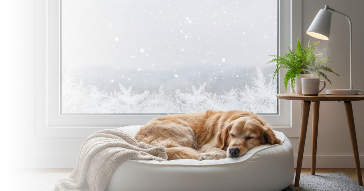 Adult dog in a cozy winter sweater resting on a warm bed indoors looking relaxed and healthy for Vettofit winter care for dogs blog hero image