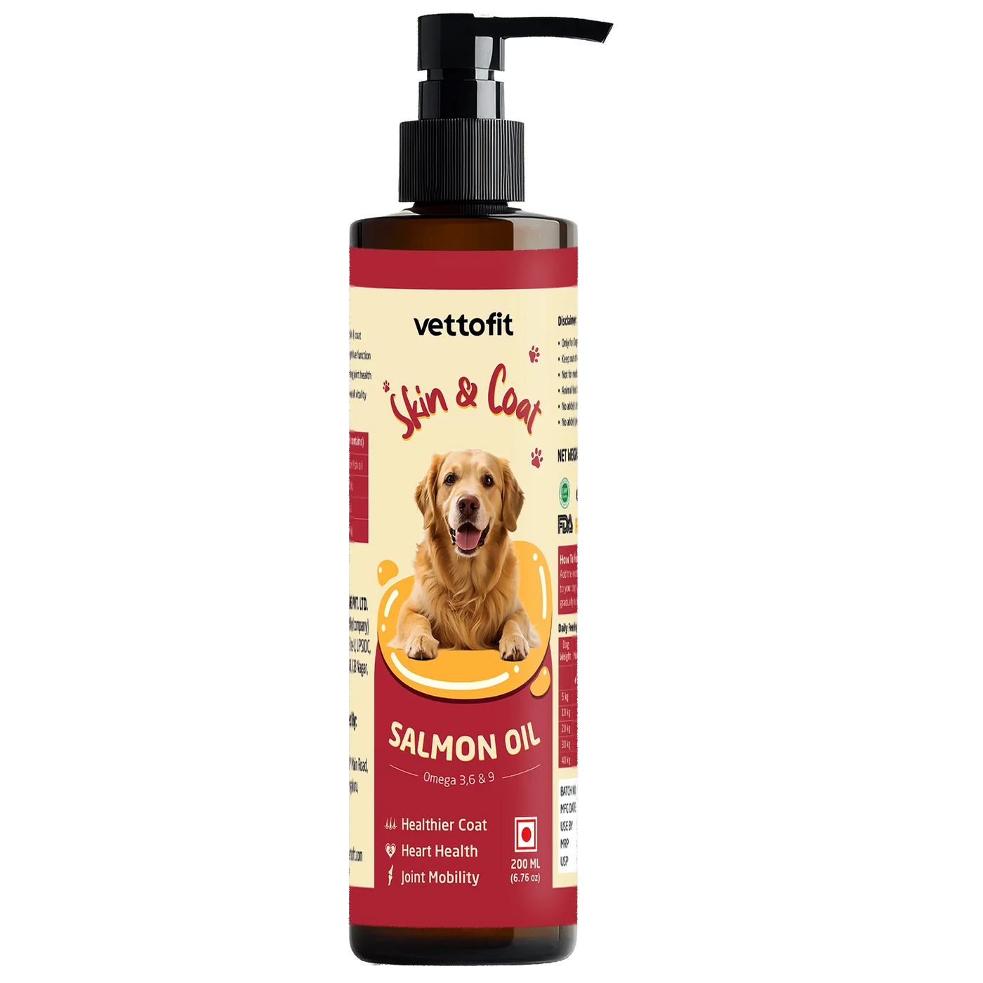 Vettofit Wild-Caught Alaskan Salmon Oil for Dogs – 200ml bottle, Omega 3 skin and coat supplement India