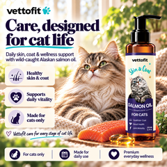 Vettofit Wild-Caught Alaskan Salmon Oil for Cats | Omega 3, 6 & 9 with EPA, DHA | Reduces Hair Fall & Shedding | Healthy Skin and Coat Supplement | Heart, Joint Support | 200 ml