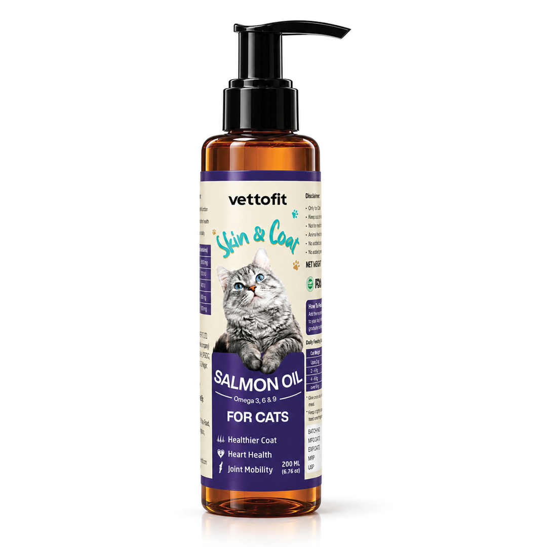 Vettofit Wild-Caught Alaskan Salmon Oil for Cats | Omega 3, 6 & 9 with EPA, DHA | Reduces Hair Fall & Shedding | Healthy Skin and Coat Supplement | Heart, Joint Support | 200 ml - VETTOFIT